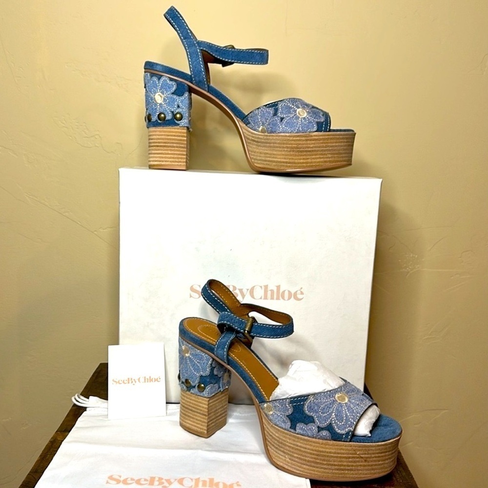 NEW! See by Chloè - Block heel platform sandals blue denim studded Sz 9